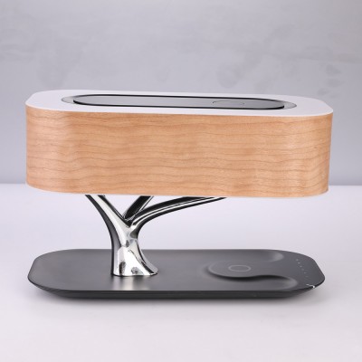 MESUN Wooden bedroom Desk Touch Led Wireless Phone Charger Night Lamp With Speaker